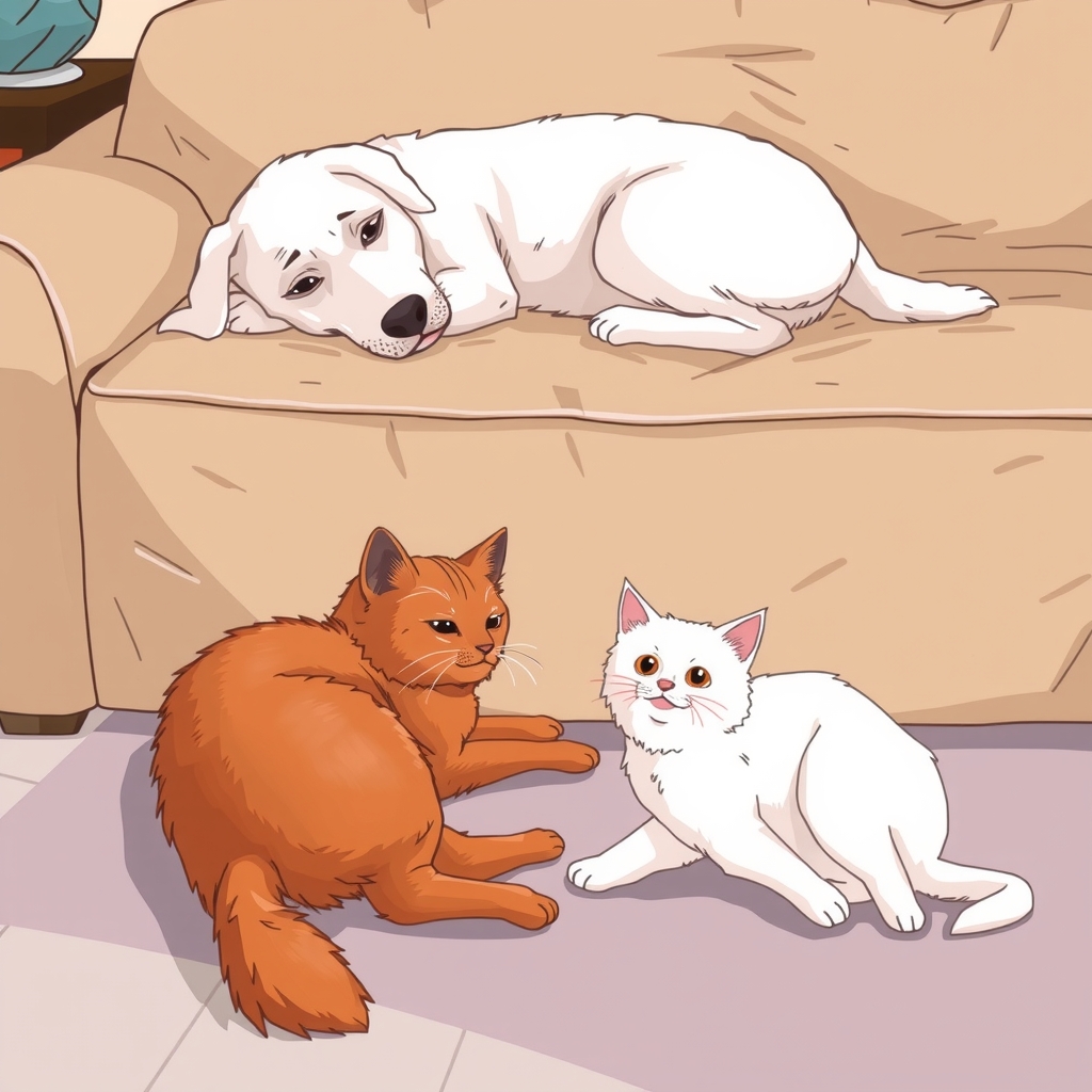 white dog on sofa brown cat white cat on floor by मुफ्त एआई छवि जनरेटर - बिना लॉगिन के✨ | AIGAZOU