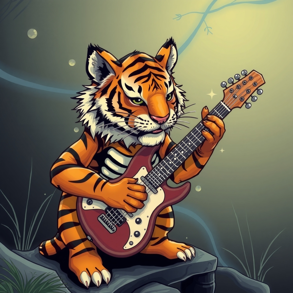 tiger playing guitar made of fish bones by मुफ्त एआई छवि जनरेटर - बिना लॉगिन के✨ | AIGAZOU