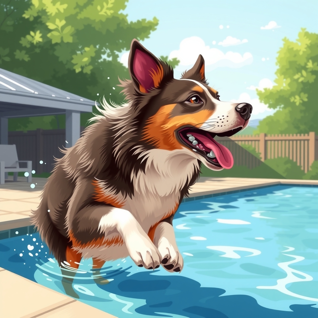 australian shepherd profile jumps pool by मुफ्त एआई छवि जनरेटर - बिना लॉगिन के✨ | AIGAZOU