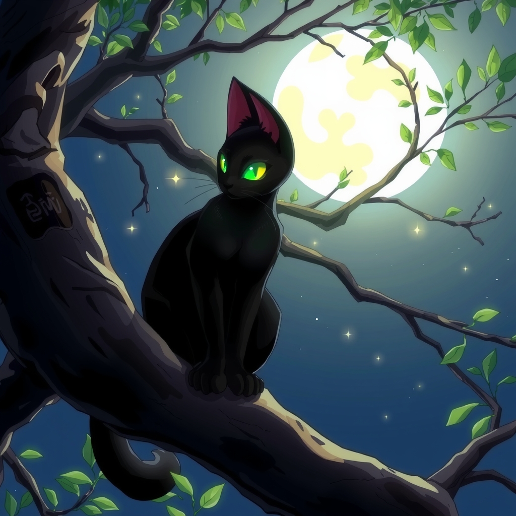 anime style black cat green eyes sitting on tree by Générateur d'images par IA gratuit - Aucune connexion nécessaire✨ | AIGAZOU