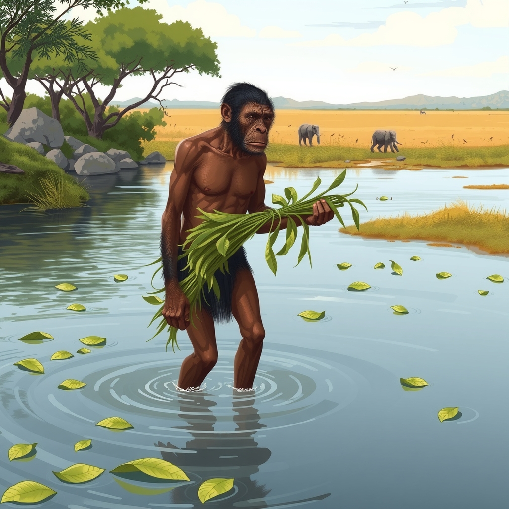 a hominid standing upright in river water collecting plants on the surface with a savanna landscape in the background by मुफ्त एआई छवि जनरेटर - बिना लॉगिन के✨ | AIGAZOU