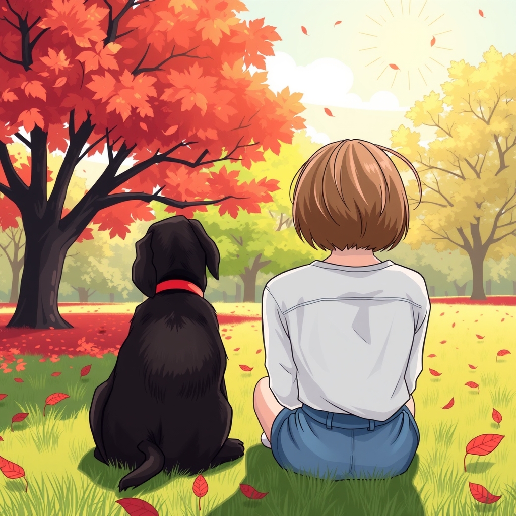 a woman with short hair and a black puppy sitting on the grass in a park with good weather and by मुफ्त एआई छवि जनरेटर - बिना लॉगिन के✨ | AIGAZOU