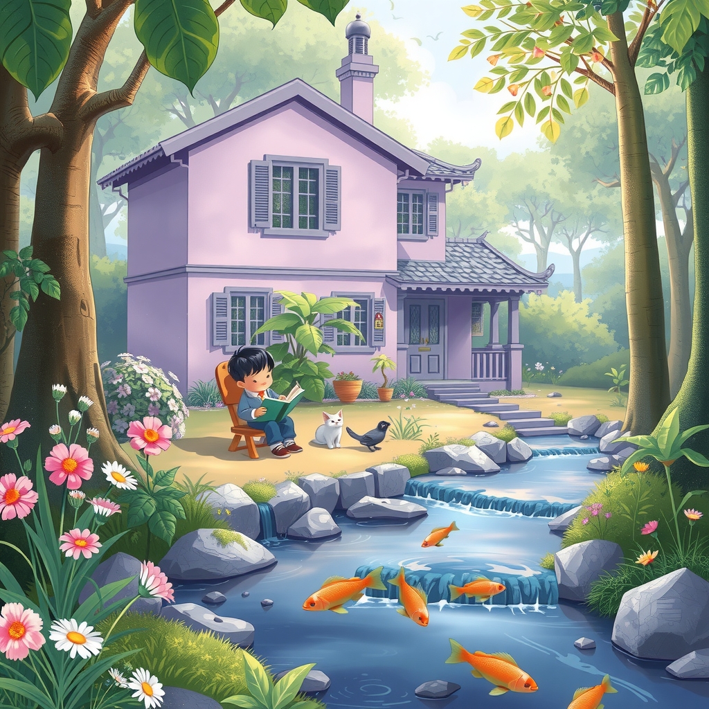 a korean boy reading a book in a purple house by the stream by मुफ्त एआई छवि जनरेटर - बिना लॉगिन के✨ | AIGAZOU