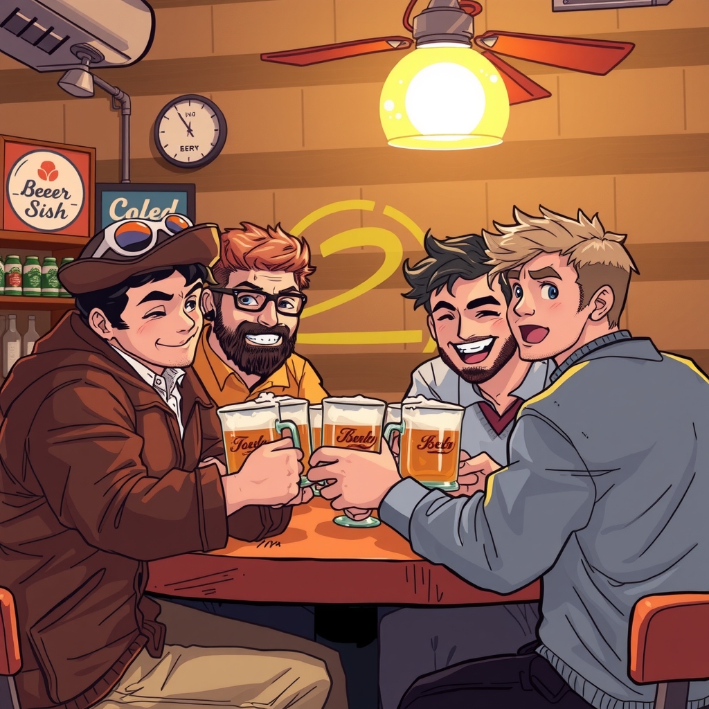 four 20 year old males drinking beer at a nice bar by मुफ्त एआई छवि जनरेटर - बिना लॉगिन के✨ | AIGAZOU