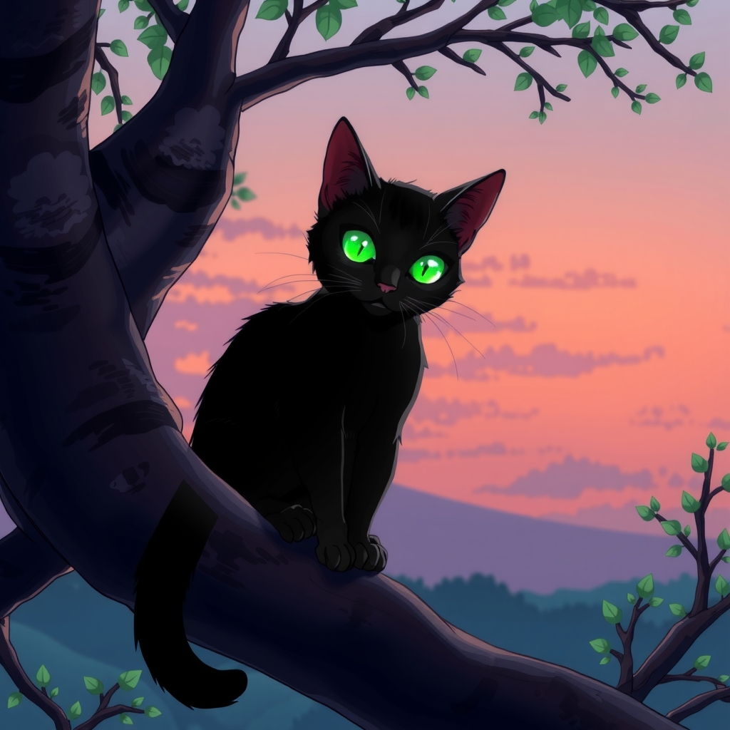 anime style black cat green eyes sitting on tree by मुफ्त एआई छवि जनरेटर - बिना लॉगिन के✨ | AIGAZOU