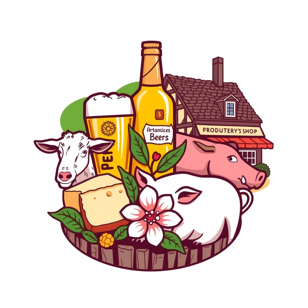 logo with craft vegetable beer goat cheese pig herbal flower in bretagne with producer shop by मुफ्त एआई छवि जनरेटर - बिना लॉगिन के✨ | AIGAZOU