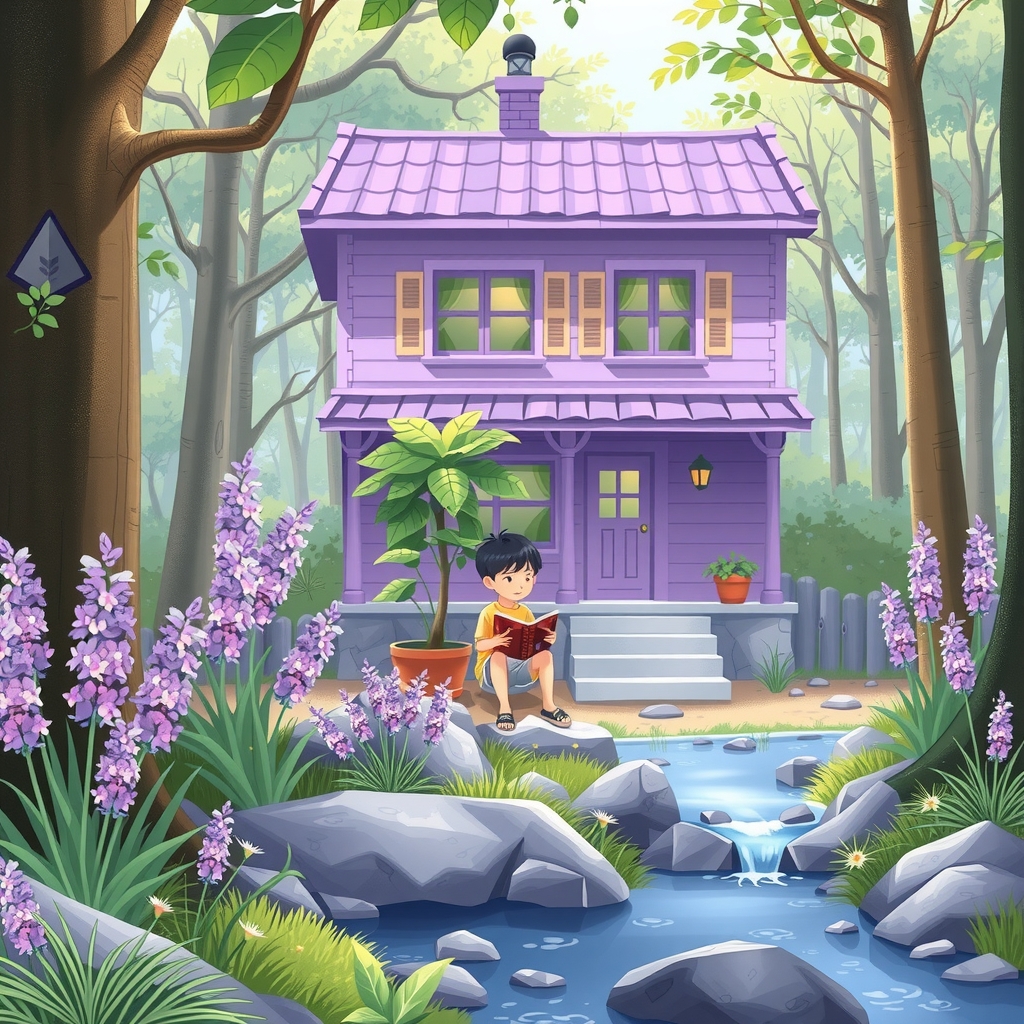 a purple house in the forest with a boy reading by मुफ्त एआई छवि जनरेटर - बिना लॉगिन के✨ | AIGAZOU