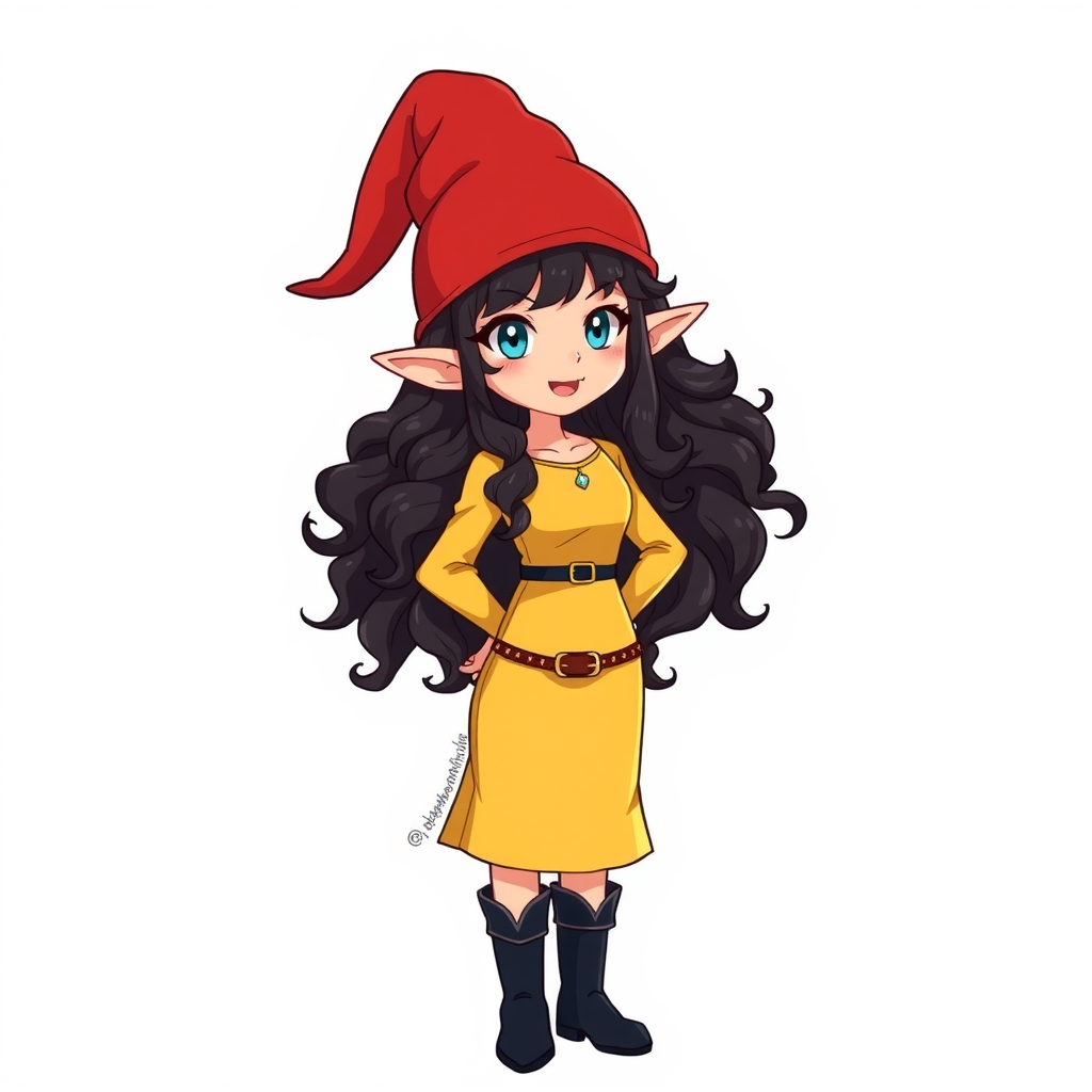 black curly hair red elf cap yellow dress by मुफ्त एआई छवि जनरेटर - बिना लॉगिन के✨ | AIGAZOU