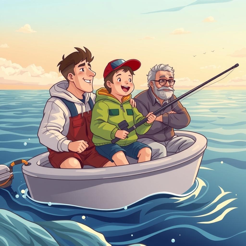 a father a son and a grandfather fishing at sea by मुफ्त एआई छवि जनरेटर - बिना लॉगिन के✨ | AIGAZOU