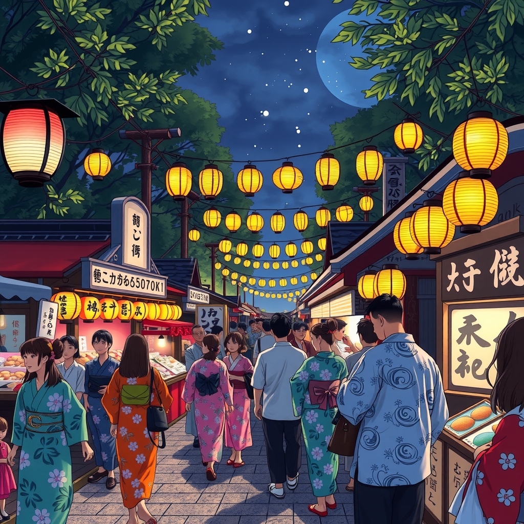 japanese summer night festival scene by मुफ्त एआई छवि जनरेटर - बिना लॉगिन के✨ | AIGAZOU