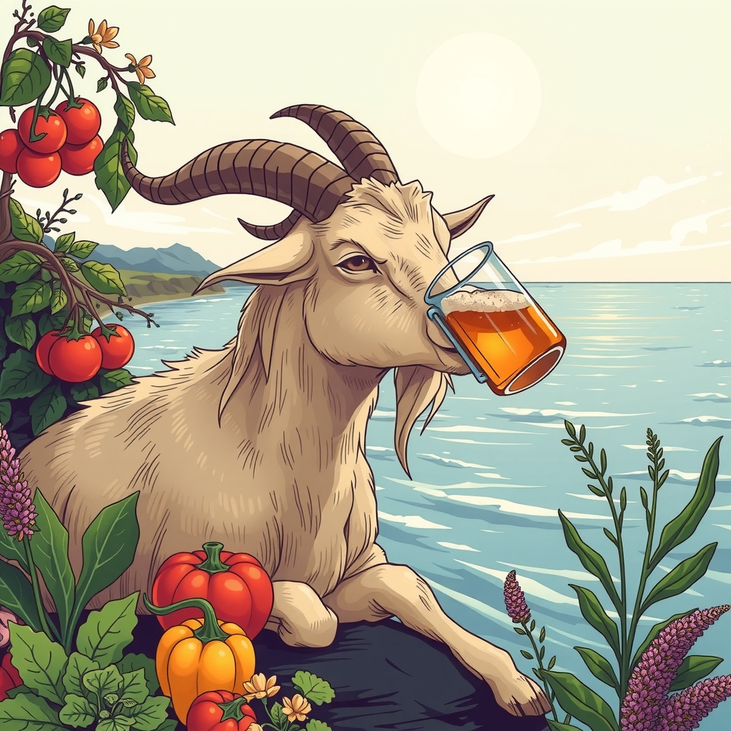 a goat drinking beer by the sea surrounded by vegetables and herbs by मुफ्त एआई छवि जनरेटर - बिना लॉगिन के✨ | AIGAZOU