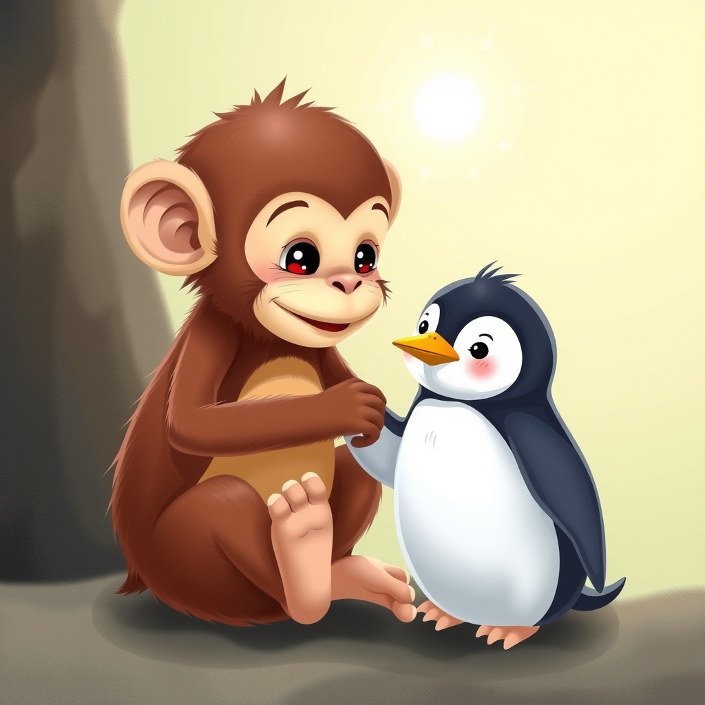 an ape baby holds a penguin baby by its hand by मुफ्त एआई छवि जनरेटर - बिना लॉगिन के✨ | AIGAZOU