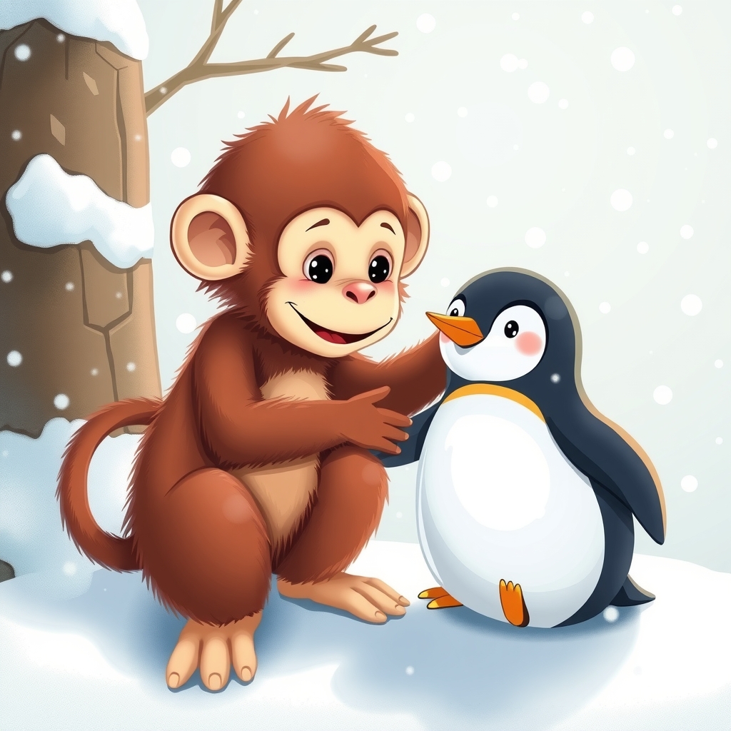 a cute monkey plays with a penguin in the snow by मुफ्त एआई छवि जनरेटर - बिना लॉगिन के✨ | AIGAZOU