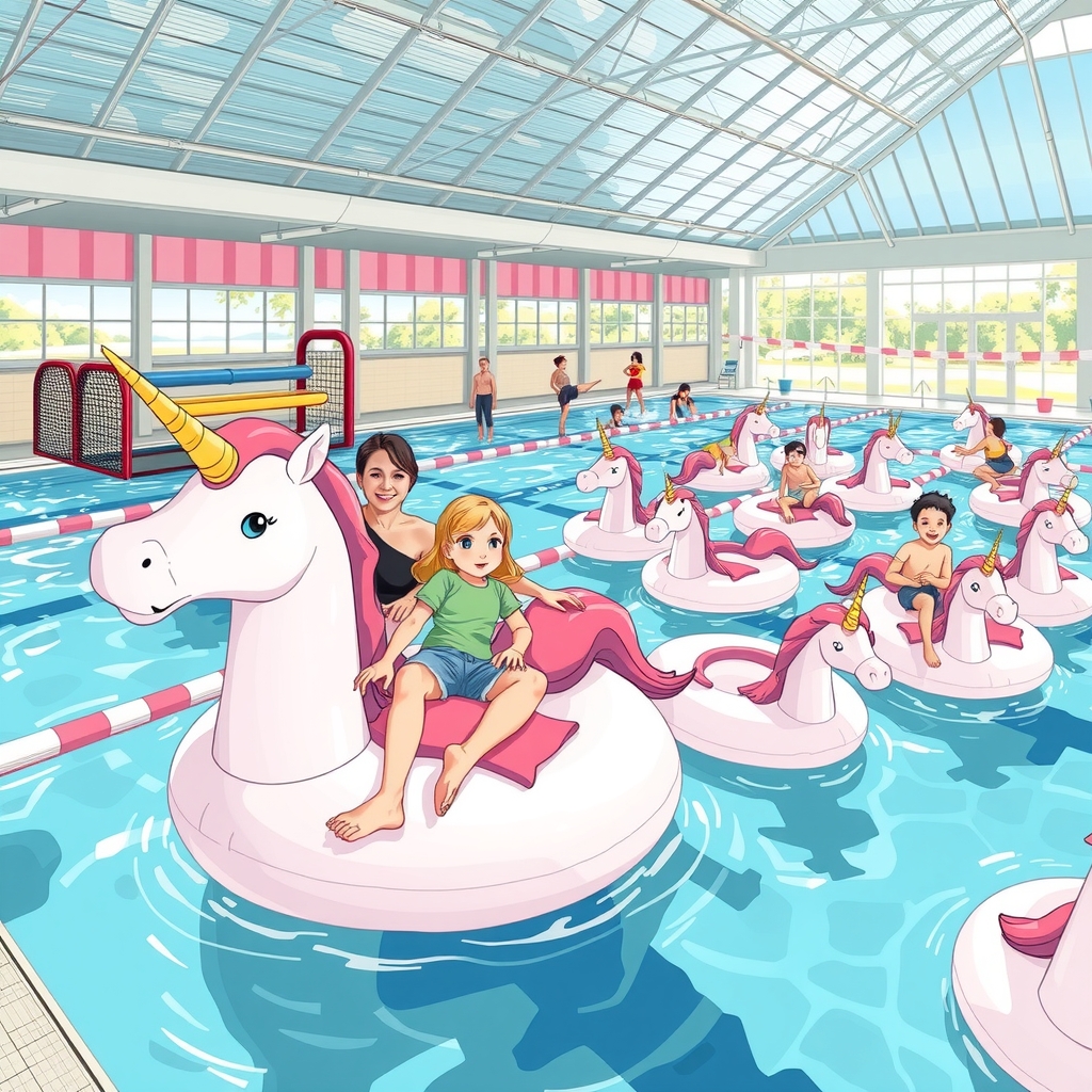 a giant pool with unicorn rafts and water park by मुफ्त एआई छवि जनरेटर - बिना लॉगिन के✨ | AIGAZOU