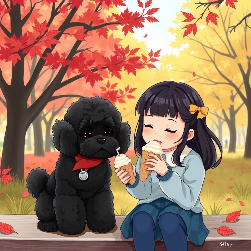 a black toy poodle and a 10 year old girl eating ice cream in a park by मुफ्त एआई छवि जनरेटर - बिना लॉगिन के✨ | AIGAZOU