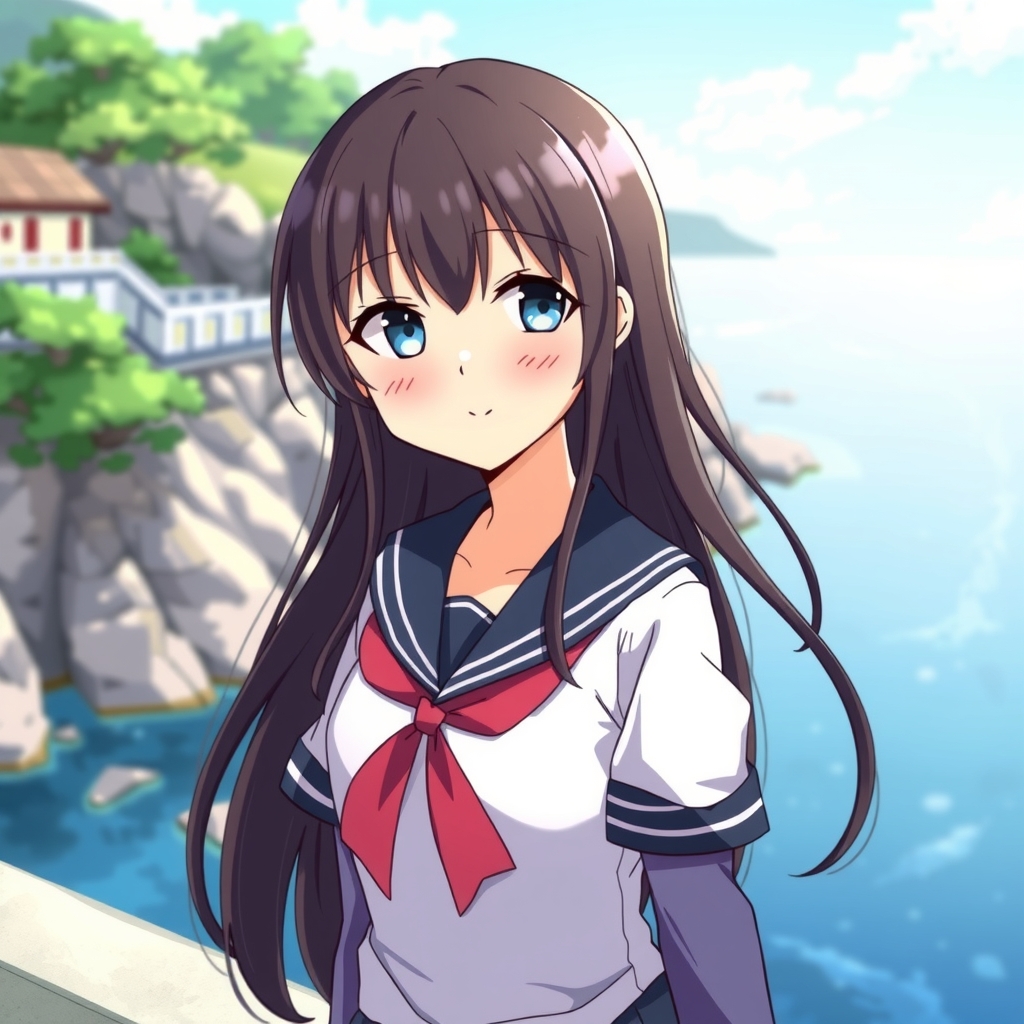 a 14 year old girl in a sailor uniform with long black hair on amami oshima coast by मुफ्त एआई छवि जनरेटर - बिना लॉगिन के✨ | AIGAZOU