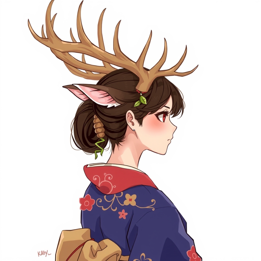 a woman in kimono with antlers profile by मुफ्त एआई छवि जनरेटर - बिना लॉगिन के✨ | AIGAZOU