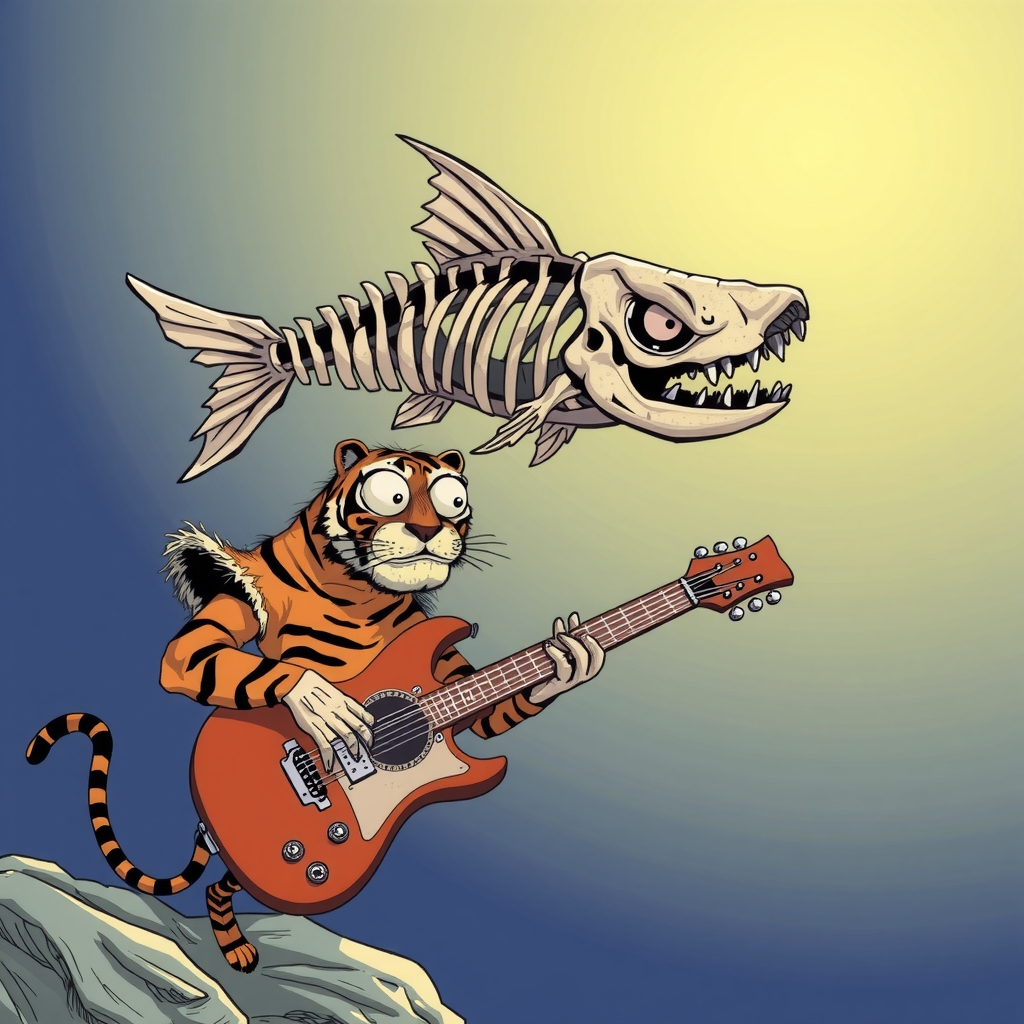 flying fish bones slim tiger playing guitar by मुफ्त एआई छवि जनरेटर - बिना लॉगिन के✨ | AIGAZOU