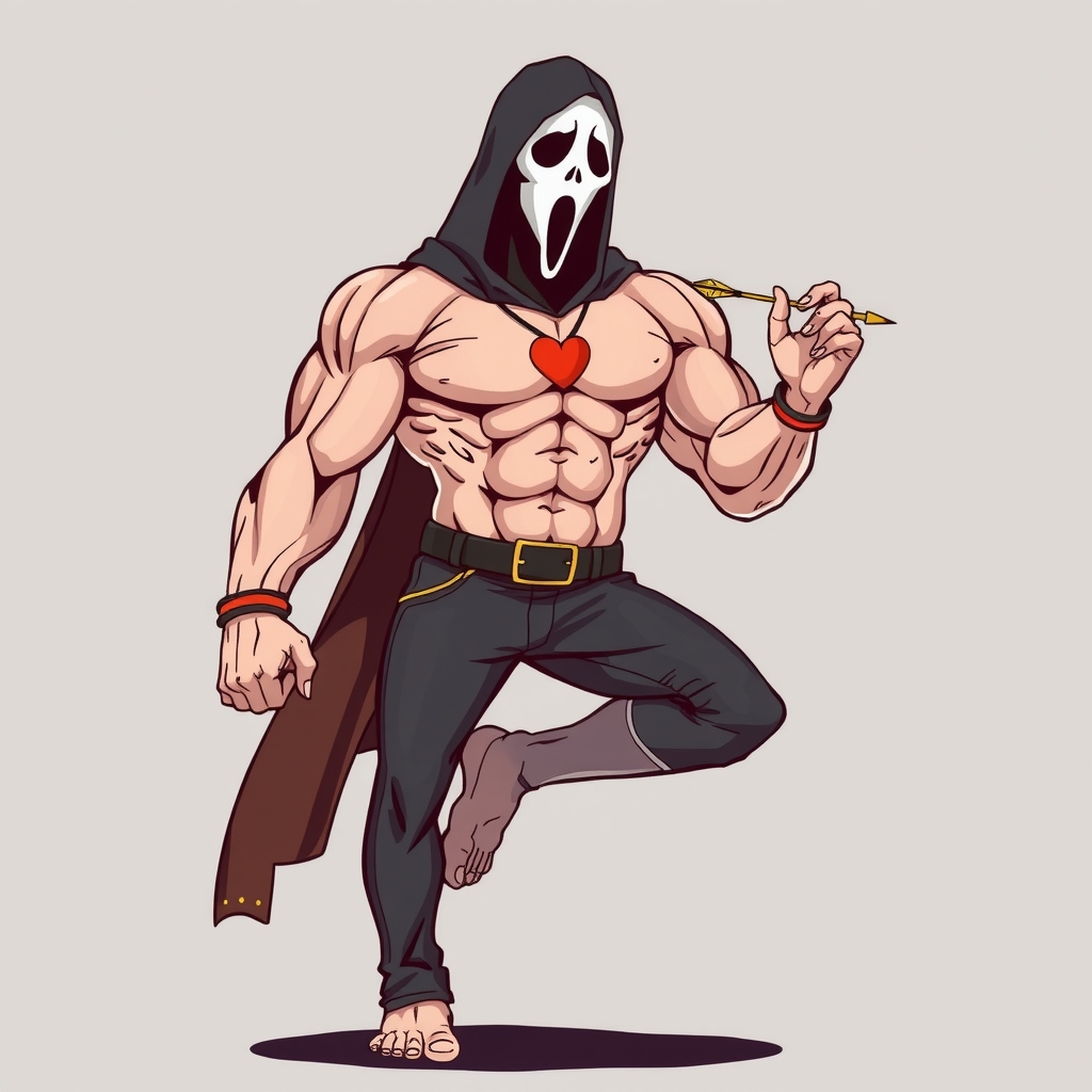 a muscular man wearing a ghost mask standing on one leg holding a dart with a heart on his chest by मुफ्त एआई छवि जनरेटर - बिना लॉगिन के✨ | AIGAZOU