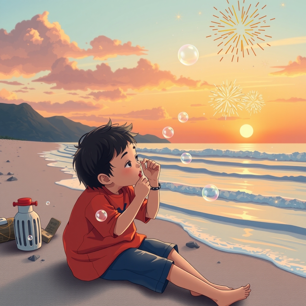 a 7 year old korean boy at the beach sunset fireworks and soap bubbles by Générateur d'images par IA gratuit - Aucune connexion nécessaire✨ | AIGAZOU