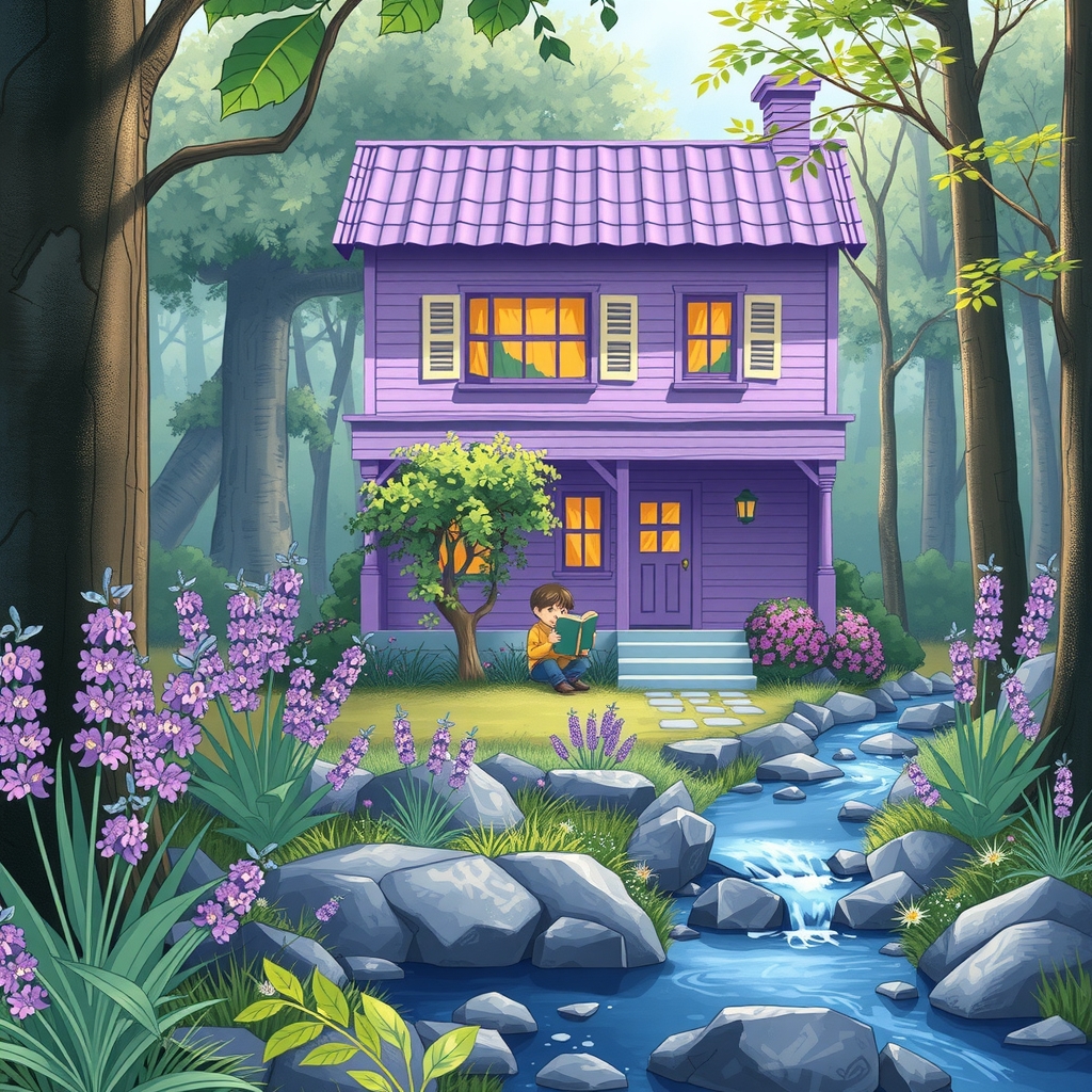 a korean boy reading a book in a purple house by मुफ्त एआई छवि जनरेटर - बिना लॉगिन के✨ | AIGAZOU