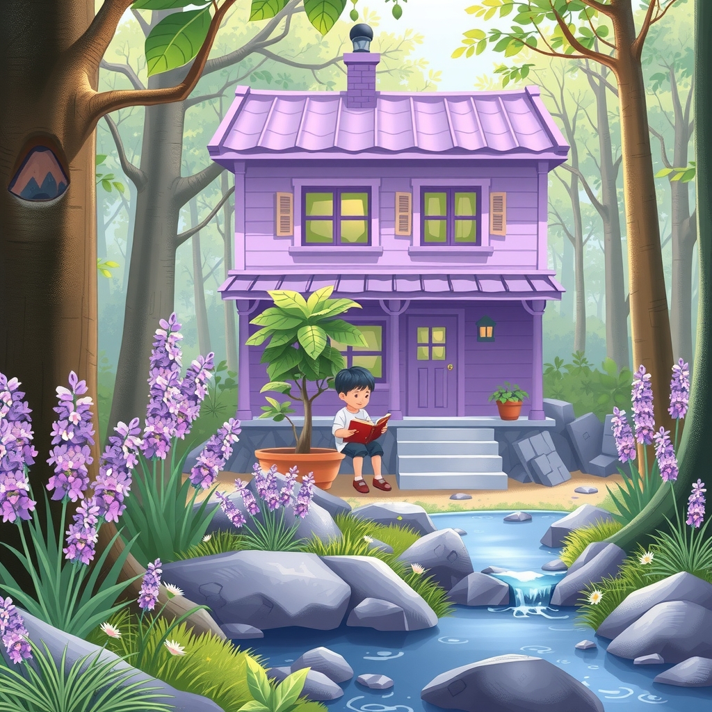 a purple house with a boy reading in front by मुफ्त एआई छवि जनरेटर - बिना लॉगिन के✨ | AIGAZOU