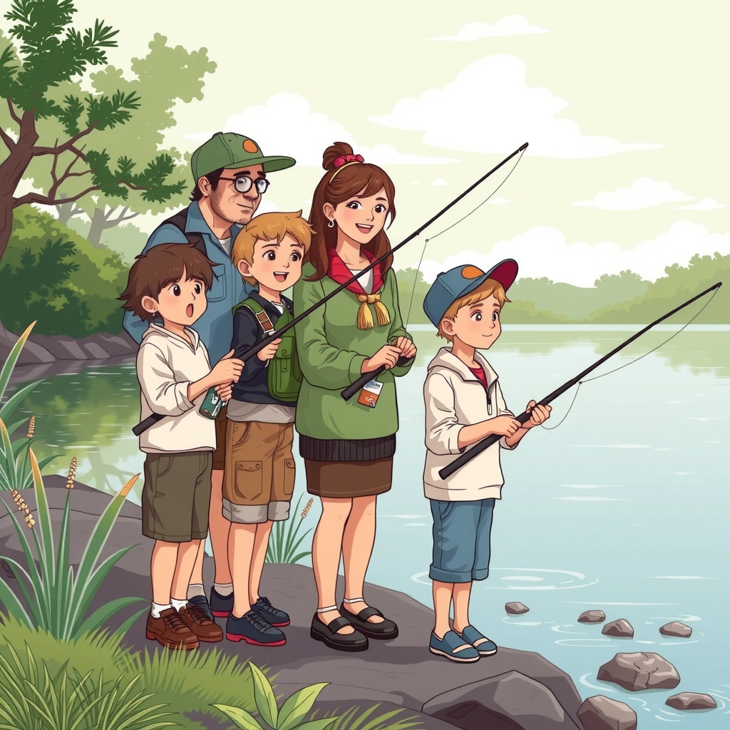 a family of five with parents and three sons fishing by मुफ्त एआई छवि जनरेटर - बिना लॉगिन के✨ | AIGAZOU