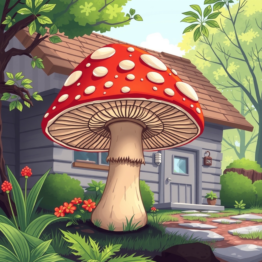 living mushroom in front of a house by मुफ्त एआई छवि जनरेटर - बिना लॉगिन के✨ | AIGAZOU