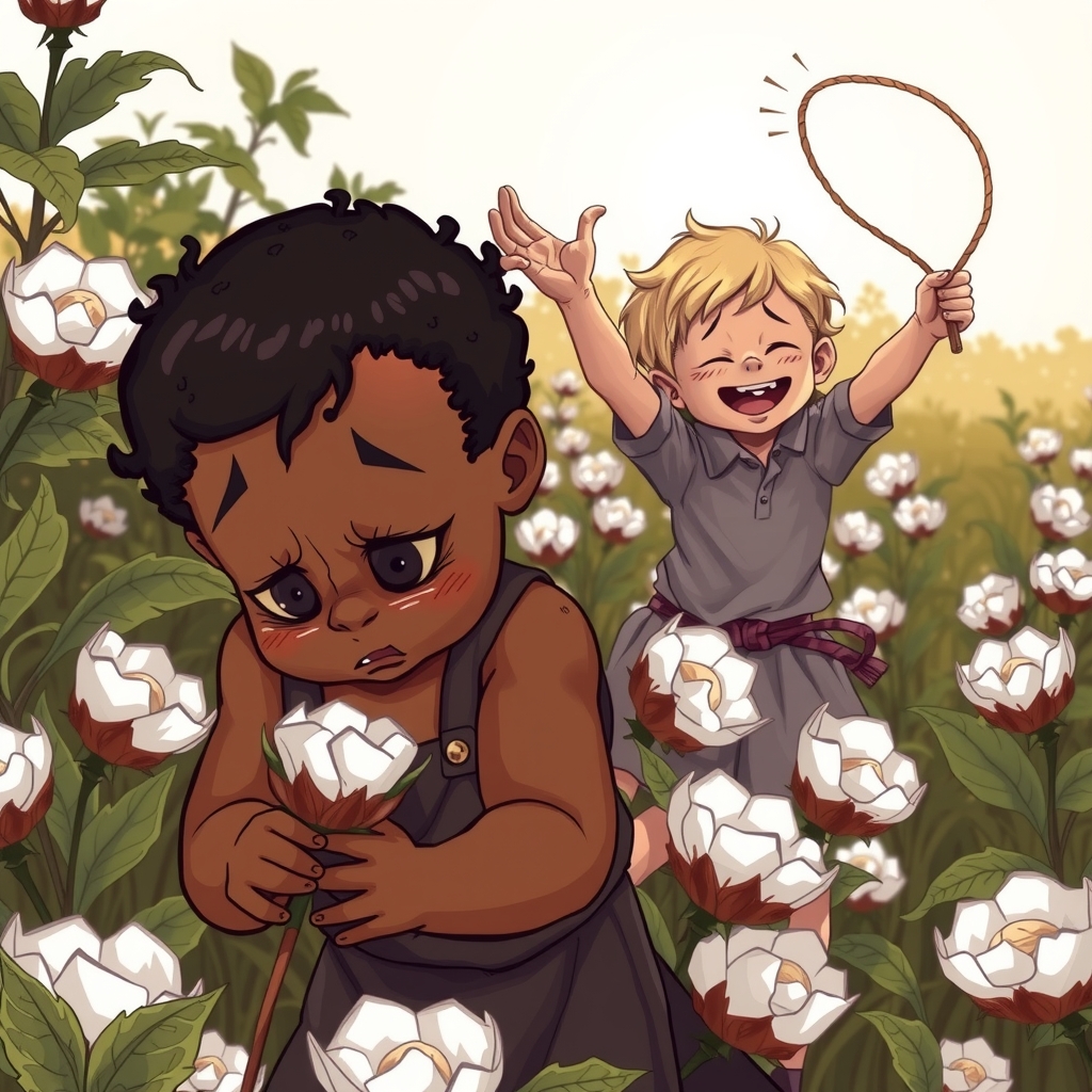 two children in cotton field one black child picking cotton in pain another white child playing with whip happily by मुफ्त एआई छवि जनरेटर - बिना लॉगिन के✨ | AIGAZOU