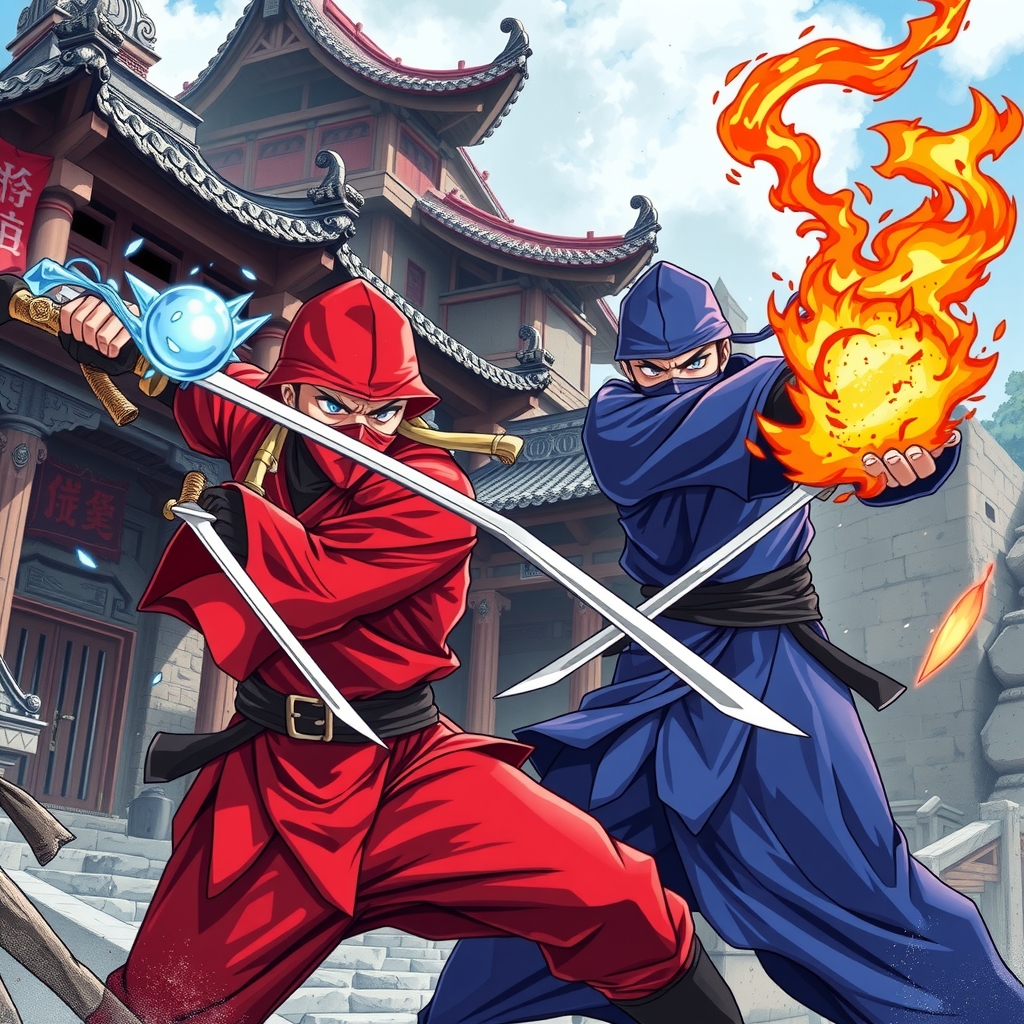 epic ninja battle red blue katana ice fire ruined asian monastery by मुफ्त एआई छवि जनरेटर - बिना लॉगिन के✨ | AIGAZOU