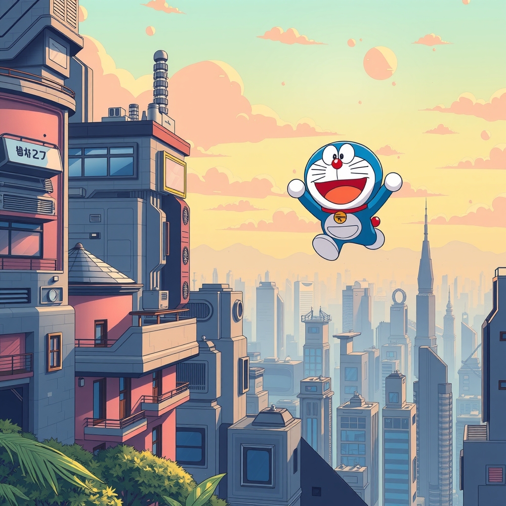 future city with doraemon flying in the sky by मुफ्त एआई छवि जनरेटर - बिना लॉगिन के✨ | AIGAZOU