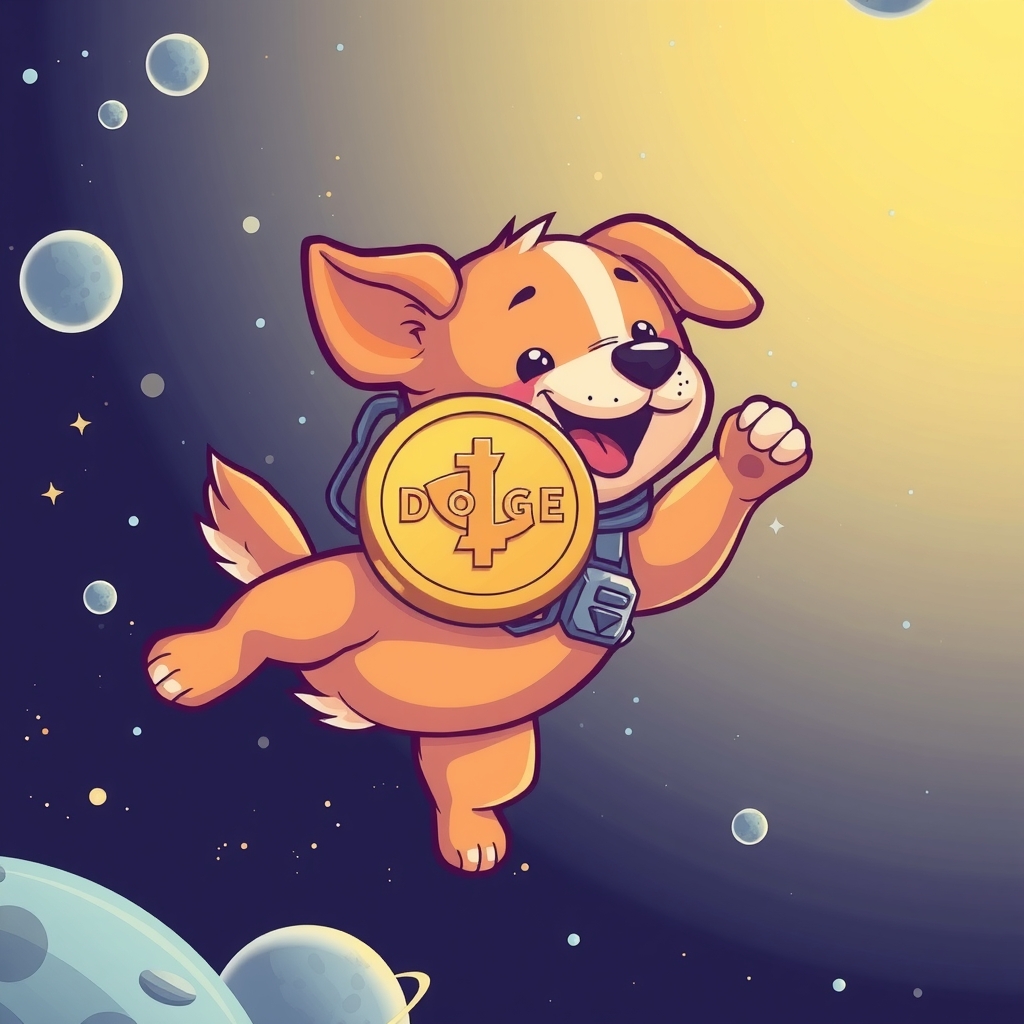 dog playing in space with dogecoin by 免费AI图像生成工具 | AIGAZOU