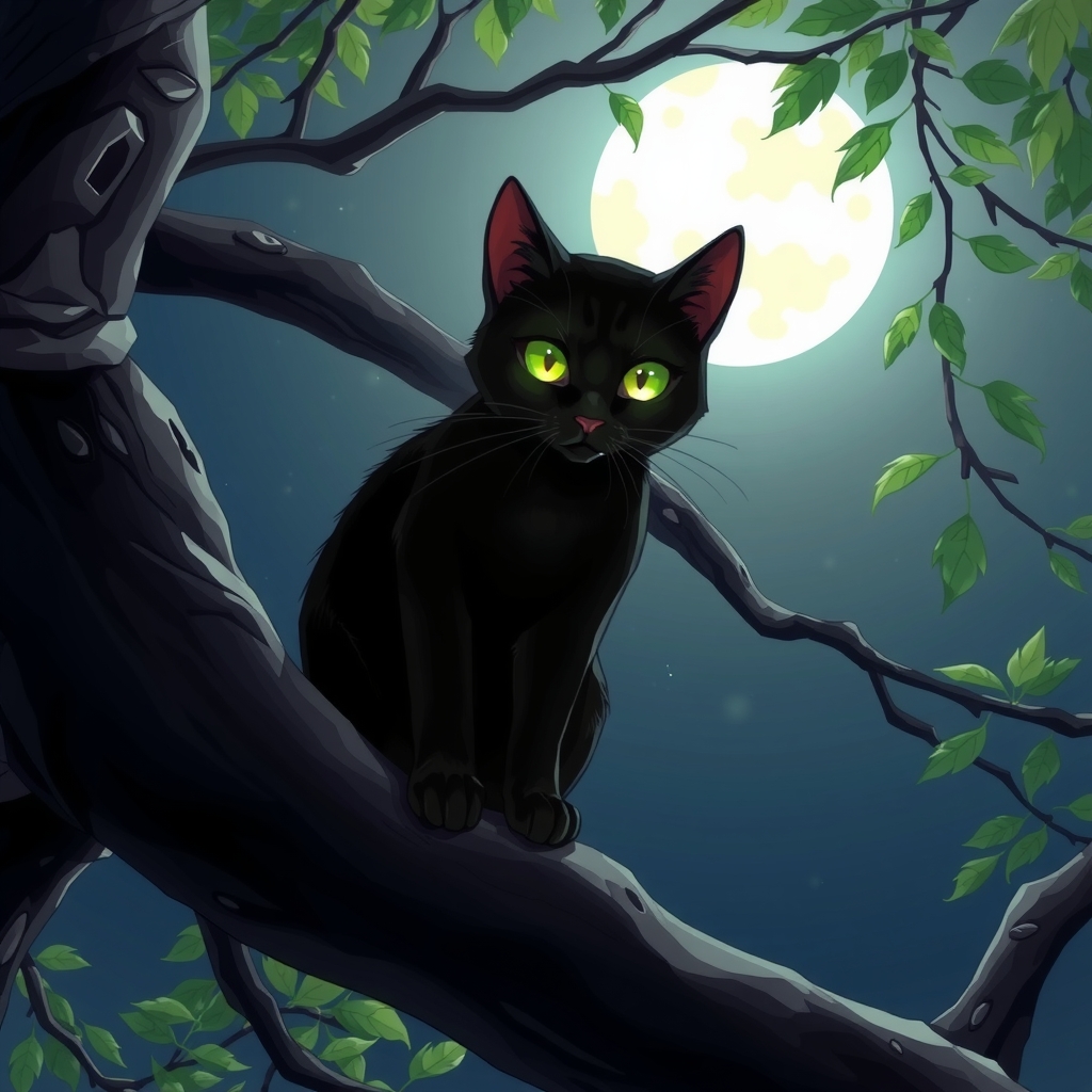 anime style black cat green eyes sitting on tree by मुफ्त एआई छवि जनरेटर - बिना लॉगिन के✨ | AIGAZOU