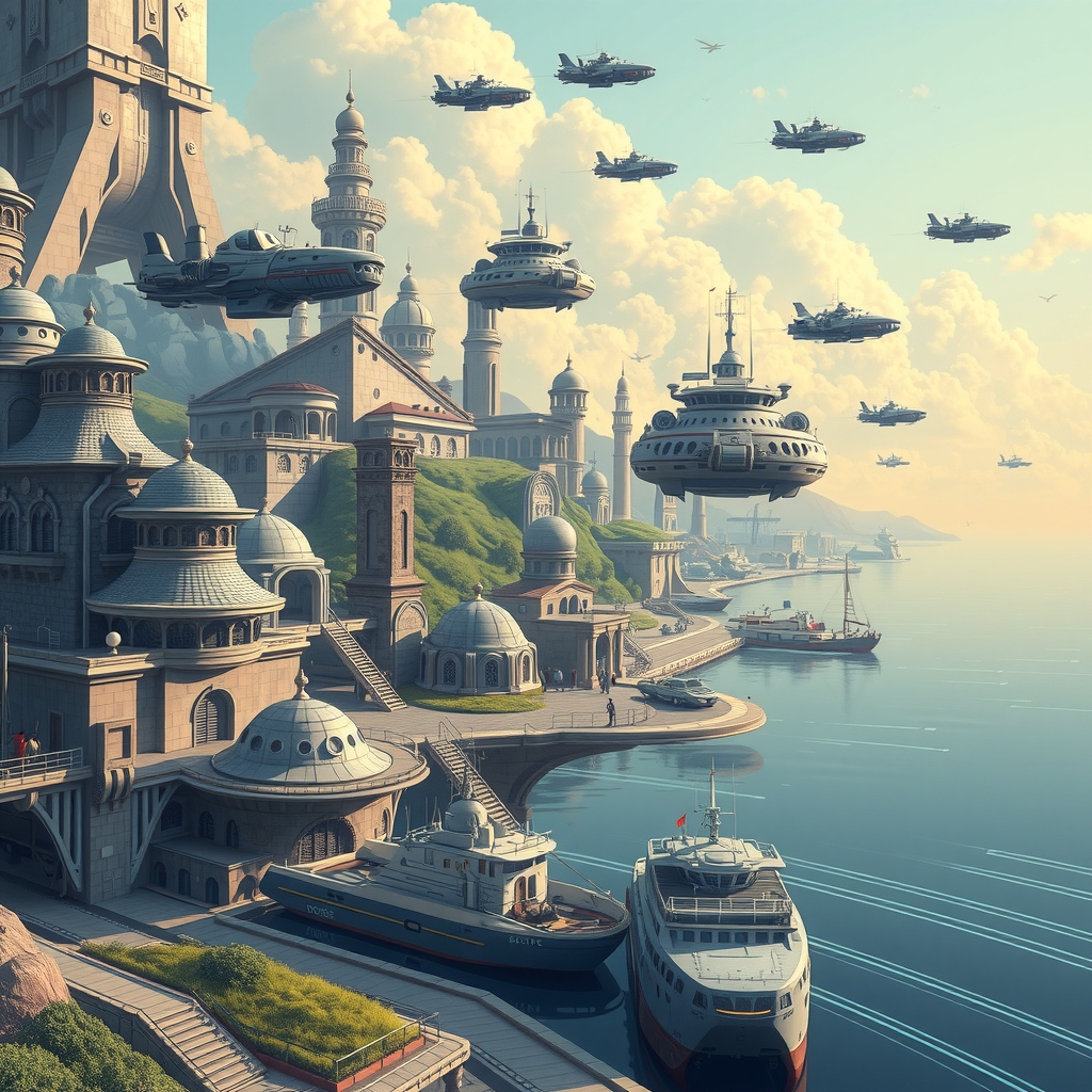 future city scene flying vehicles houses in sky smart robots by sea boats by मुफ्त एआई छवि जनरेटर - बिना लॉगिन के✨ | AIGAZOU