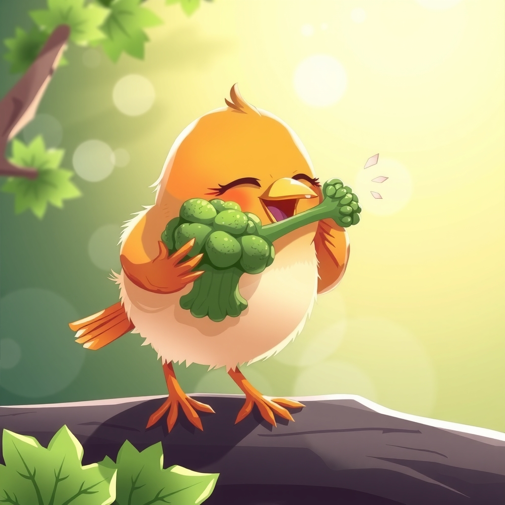 a normal cute bird eating broccoli in sunlight by मुफ्त एआई छवि जनरेटर - बिना लॉगिन के✨ | AIGAZOU