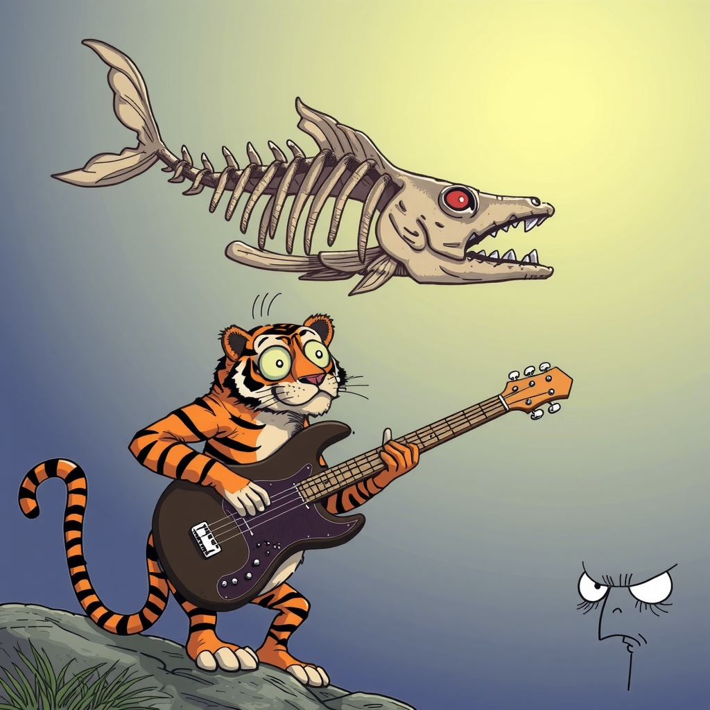 flying fish bones slim tiger playing bass big eyes annoying slim face by मुफ्त एआई छवि जनरेटर - बिना लॉगिन के✨ | AIGAZOU