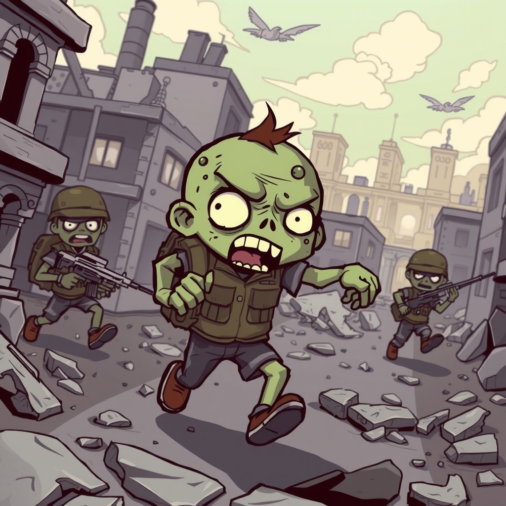 cute zombie ruined cityscape chasing cute soldiers by मुफ्त एआई छवि जनरेटर - बिना लॉगिन के✨ | AIGAZOU