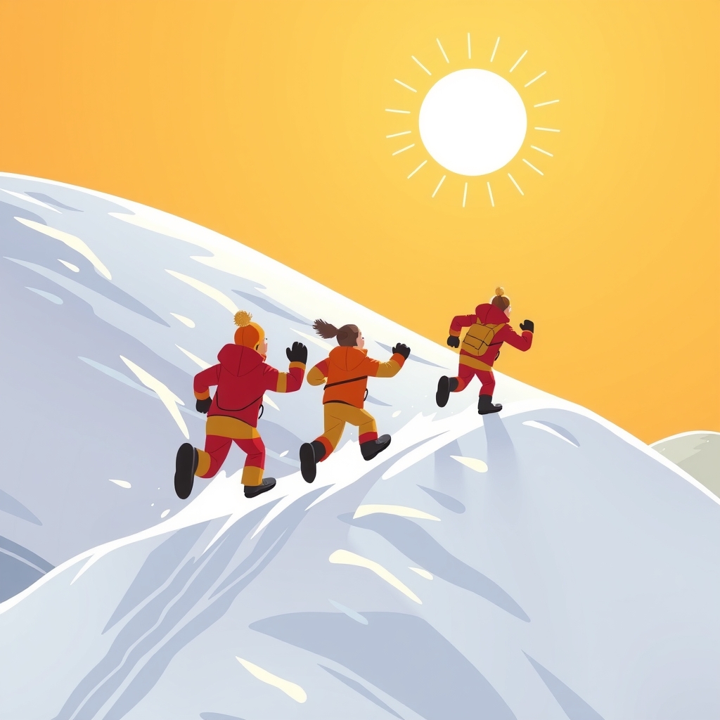 three people in red orange yellow running up a snowy slope towards the bright sun by मुफ्त एआई छवि जनरेटर - बिना लॉगिन के✨ | AIGAZOU