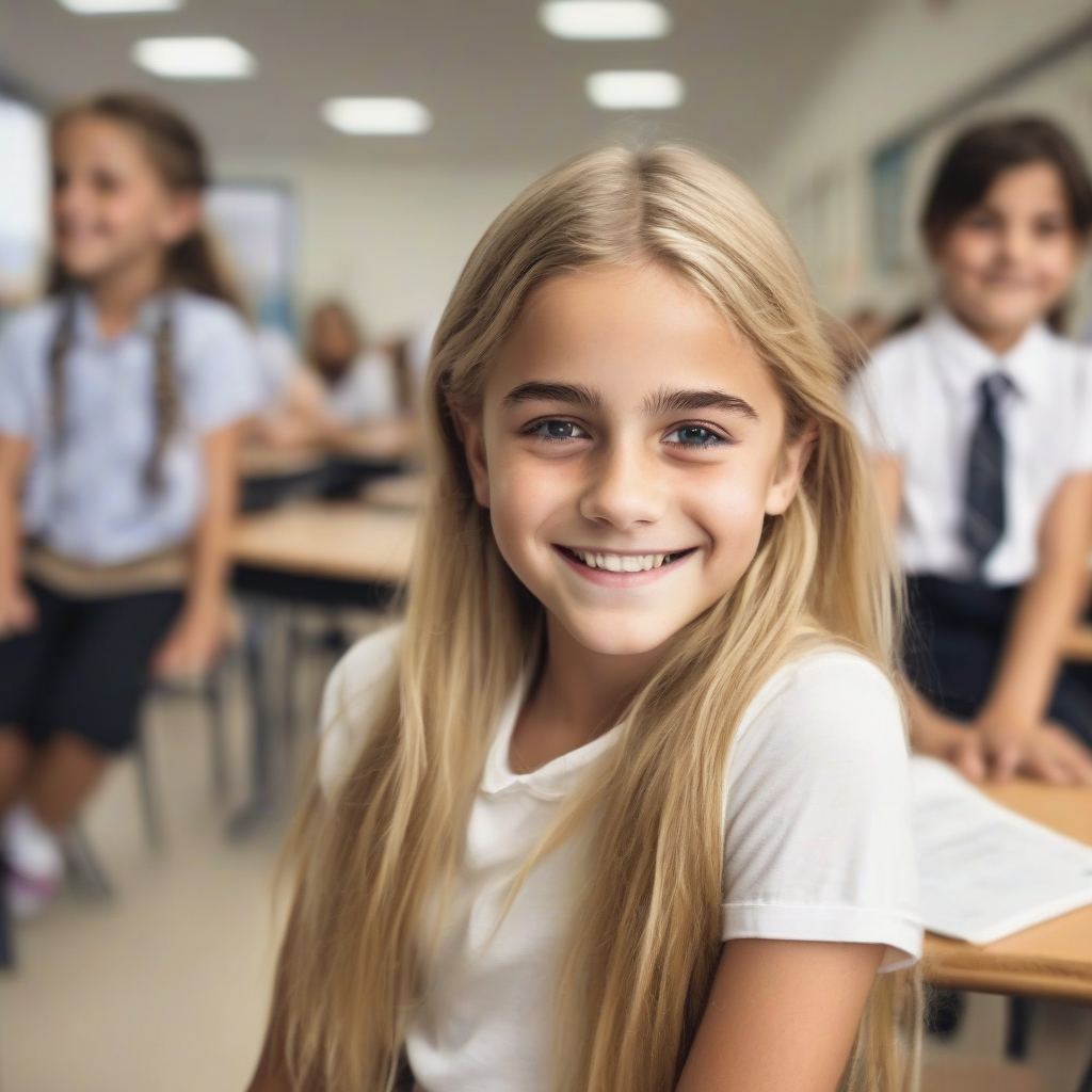 11 year old blonde smiling girl in school reminiscent of emma watson by मुफ्त एआई छवि जनरेटर - बिना लॉगिन के✨ | AIGAZOU