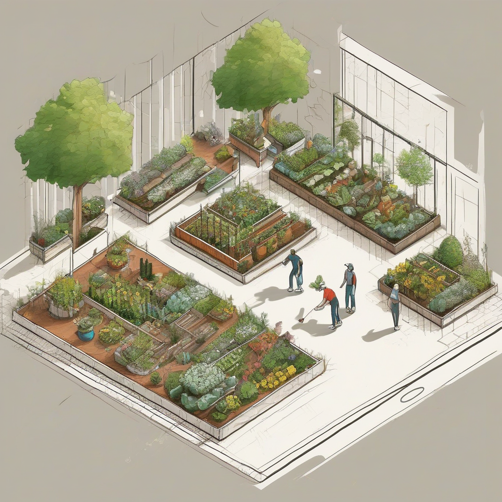 isometric drawing square base long table urban gardening three people by मुफ्त एआई छवि जनरेटर - बिना लॉगिन के✨ | AIGAZOU