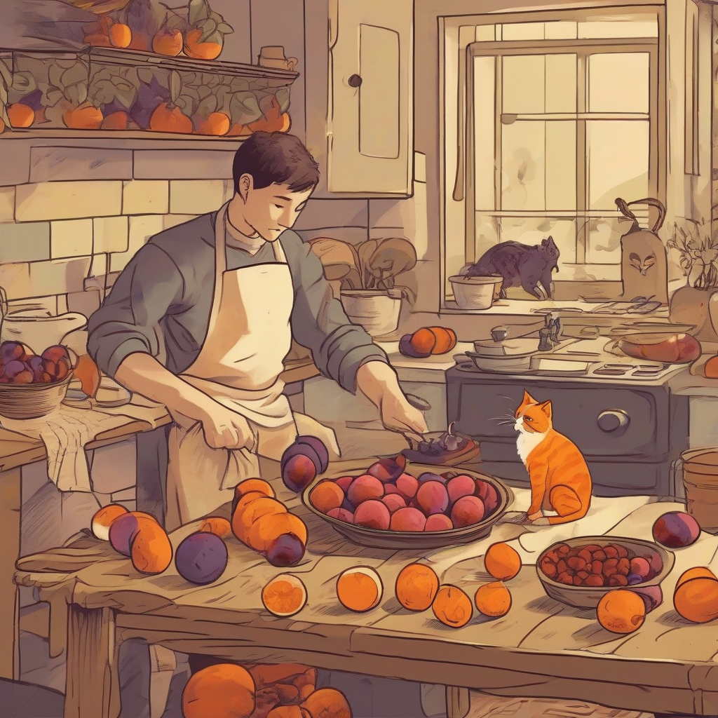 a young man cooking apricots and figs for packaging and an orange cat playing on the table by मुफ्त एआई छवि जनरेटर - बिना लॉगिन के✨ | AIGAZOU