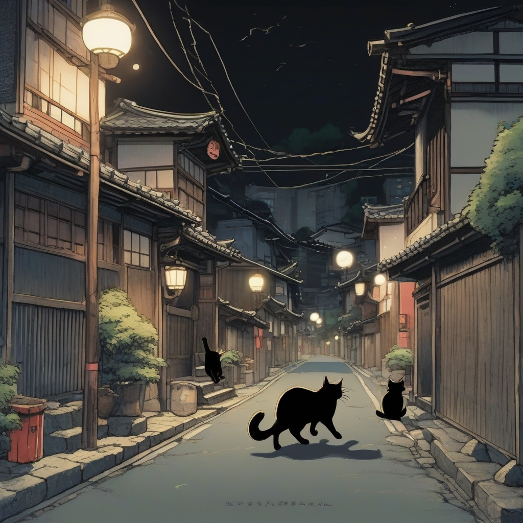 two black cats playing on japanese night streets in ghibli style by Générateur d'images par IA gratuit - Aucune connexion nécessaire✨ | AIGAZOU