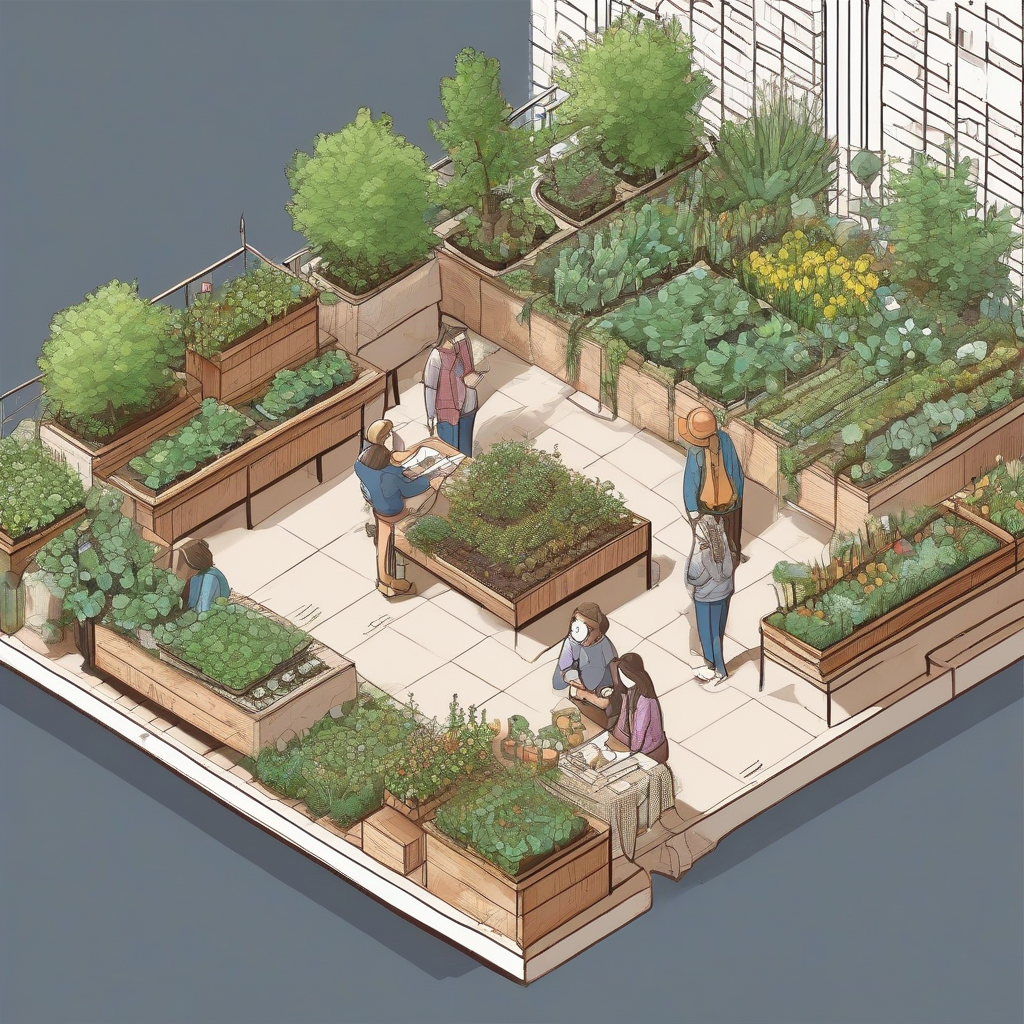 isometric drawing square base long table urban gardening three people by मुफ्त एआई छवि जनरेटर - बिना लॉगिन के✨ | AIGAZOU