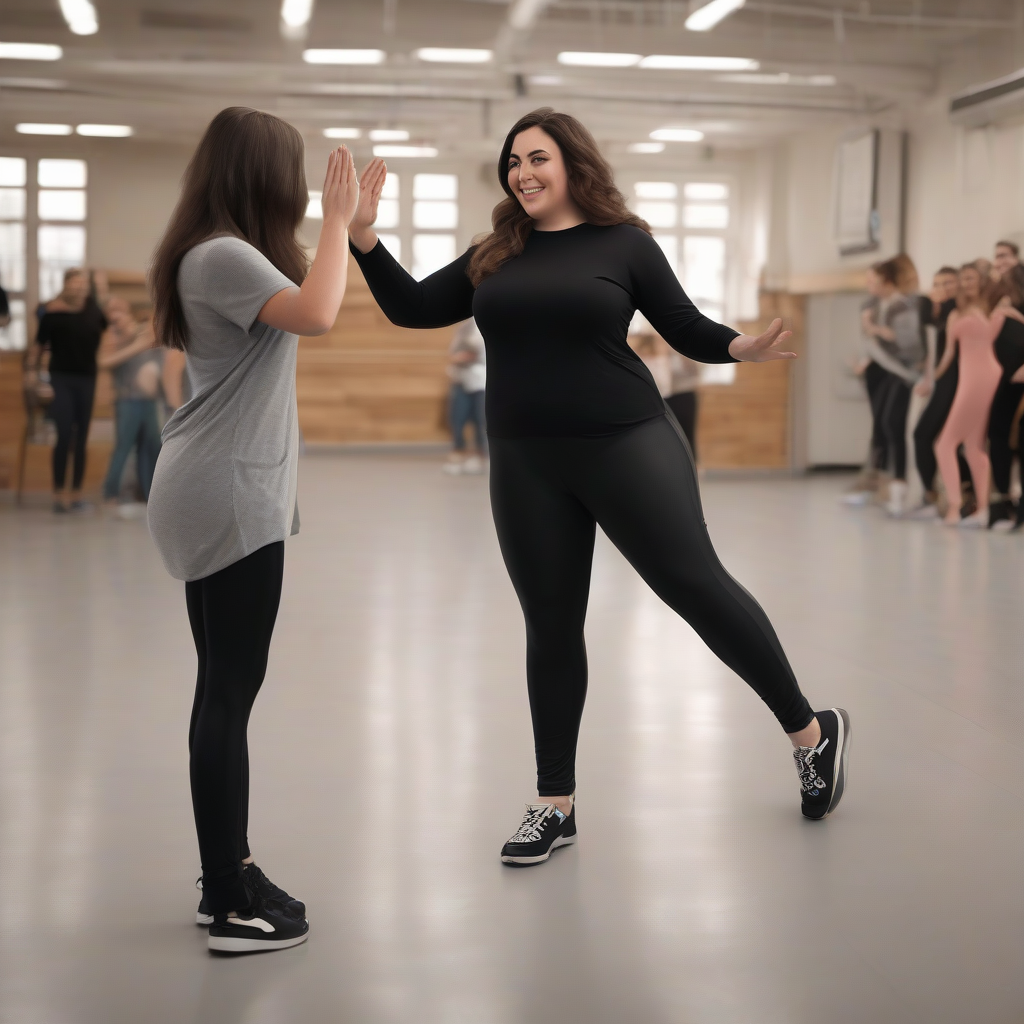 hyperrealistic photo dark haired curvy caucasian woman high fives girl in black leggings in dance hall by मुफ्त एआई छवि जनरेटर - बिना लॉगिन के✨ | AIGAZOU