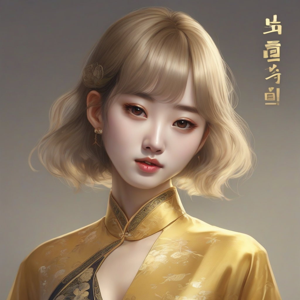 a korean girl with golden bob hair and black eyes in a golden china dress by Générateur d'images par IA gratuit - Aucune connexion nécessaire✨ | AIGAZOU