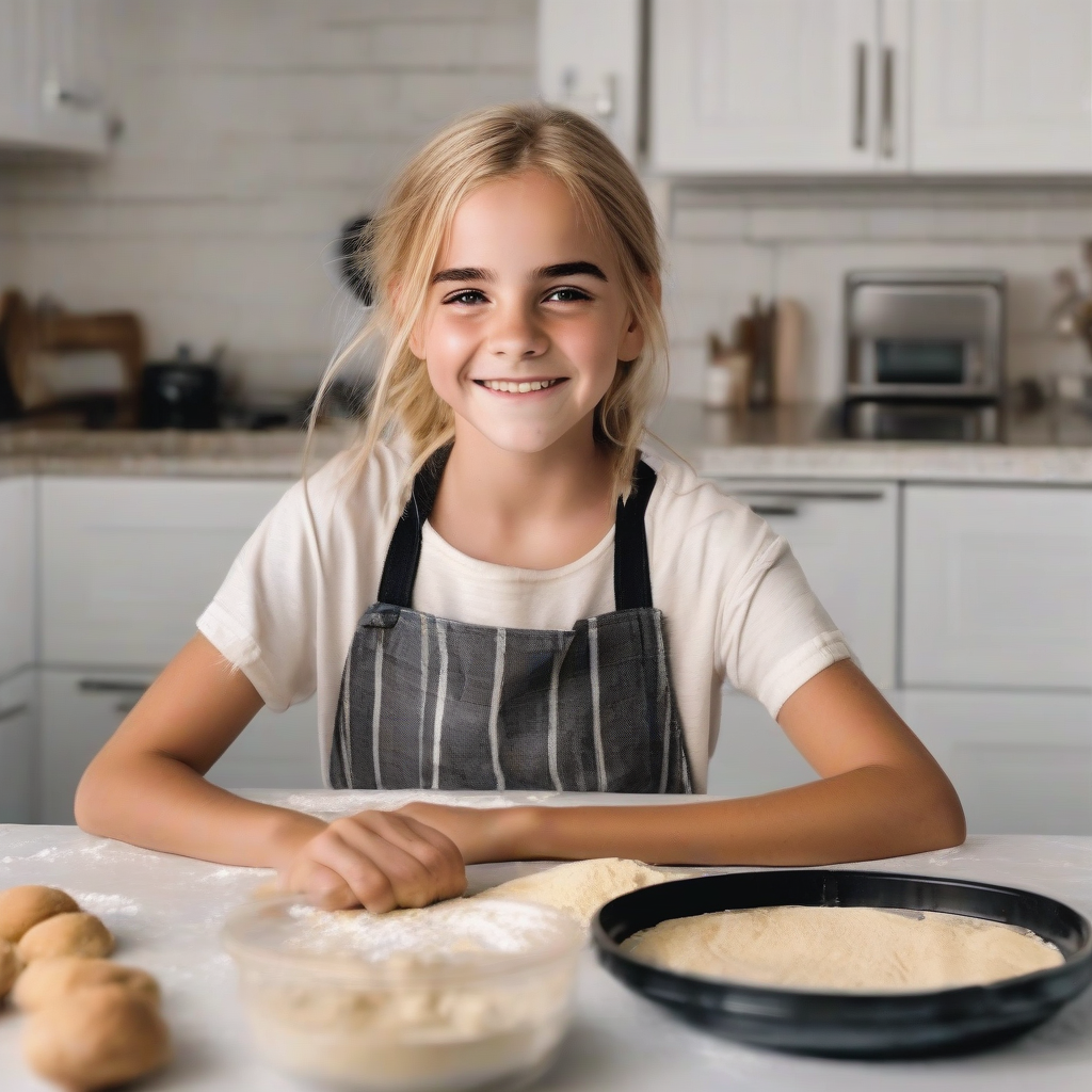 11 year old blonde smiling baking reminiscent of emma watson by मुफ्त एआई छवि जनरेटर - बिना लॉगिन के✨ | AIGAZOU