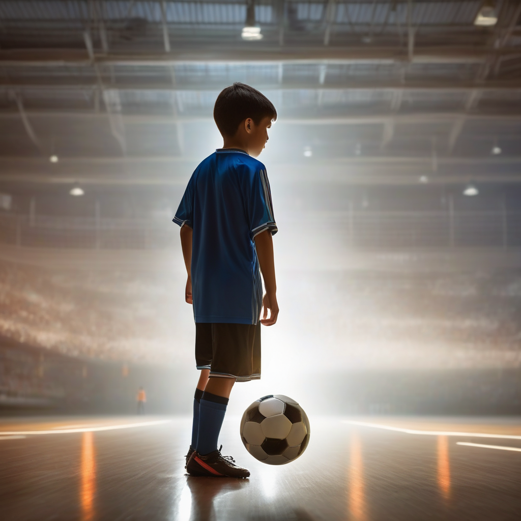 elementary school soccer players playing under bright indoor lighting by 免费AI图像生成工具 | AIGAZOU