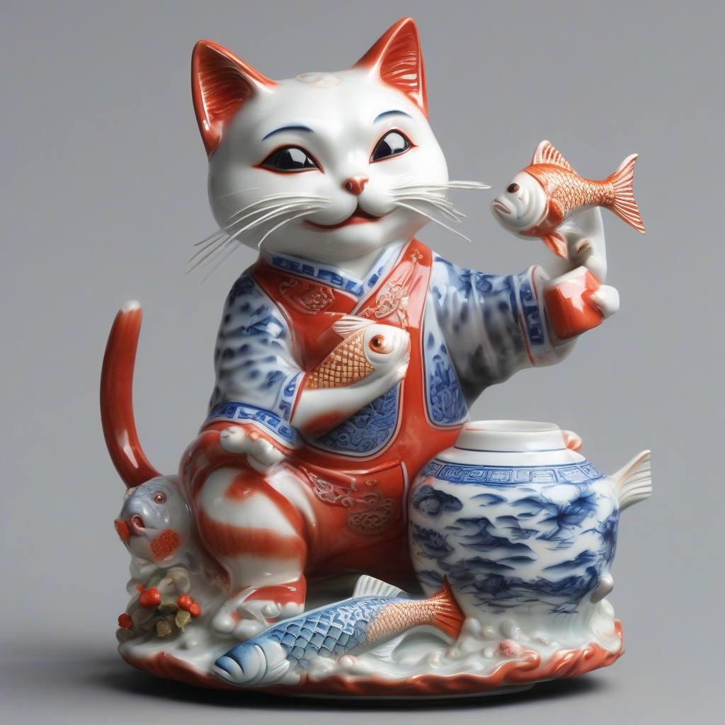 chinese winking cat 3d porcelain lucky jumping with spray can and fish by मुफ्त एआई छवि जनरेटर - बिना लॉगिन के✨ | AIGAZOU