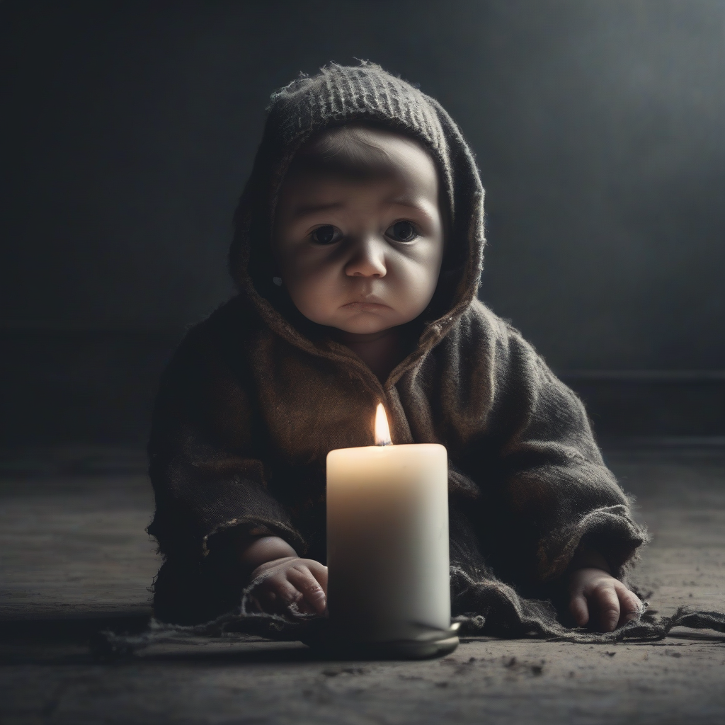 a baby in ragged clothes with a candle in front by मुफ्त एआई छवि जनरेटर - बिना लॉगिन के✨ | AIGAZOU