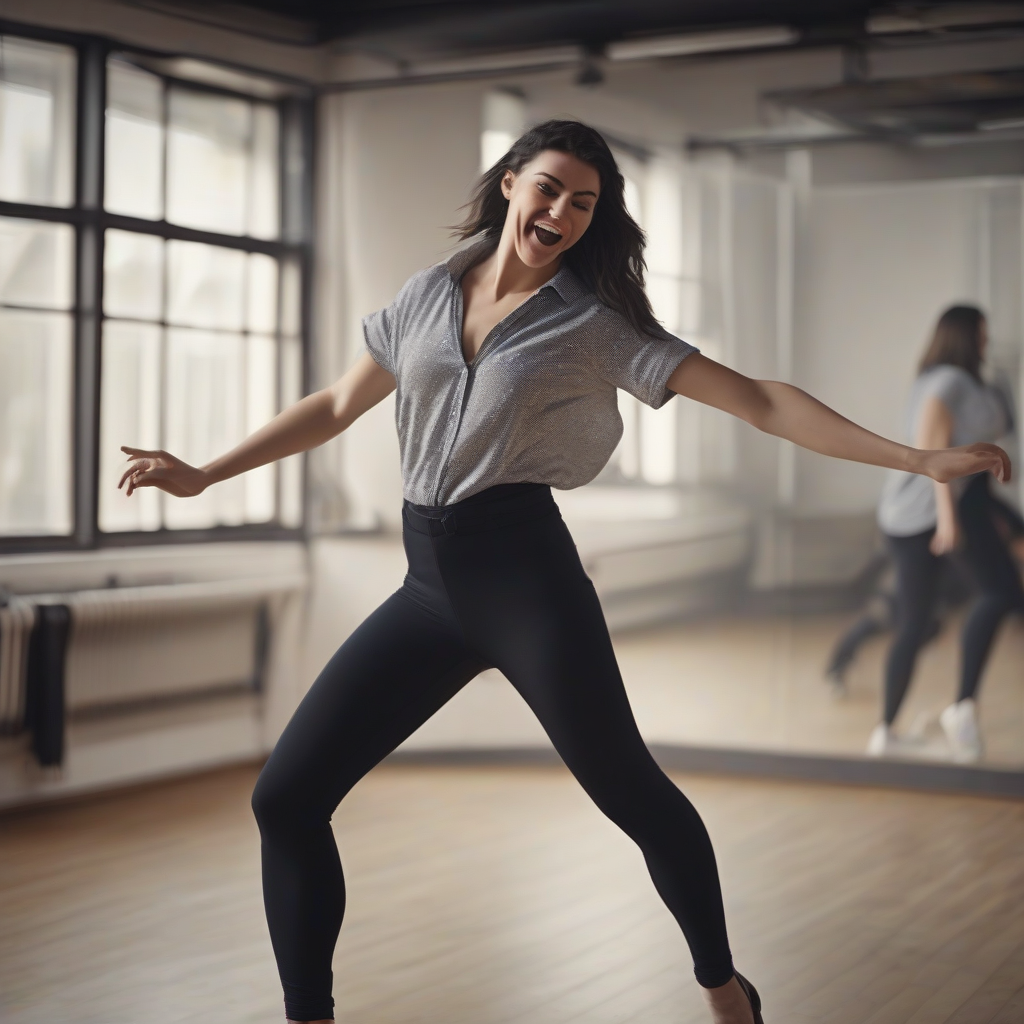 hyperrealistic full body photo curvy dark haired caucasian woman dancing wild in dance studio leggings oversize shirt by Générateur d'images par IA gratuit - Aucune connexion nécessaire✨ | AIGAZOU